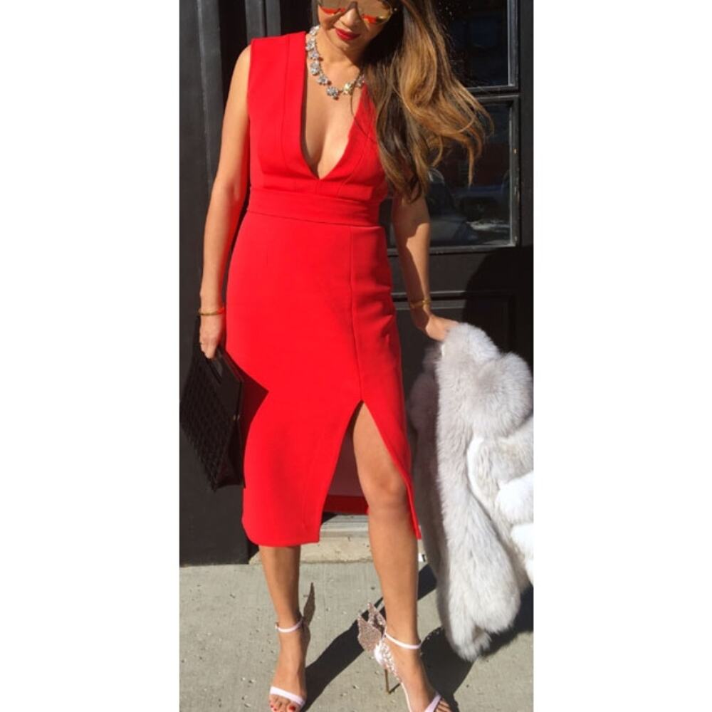 Revolve NICHOLAS Intermix Coral Red deep V Neck Midi Dress with Slit Size 4